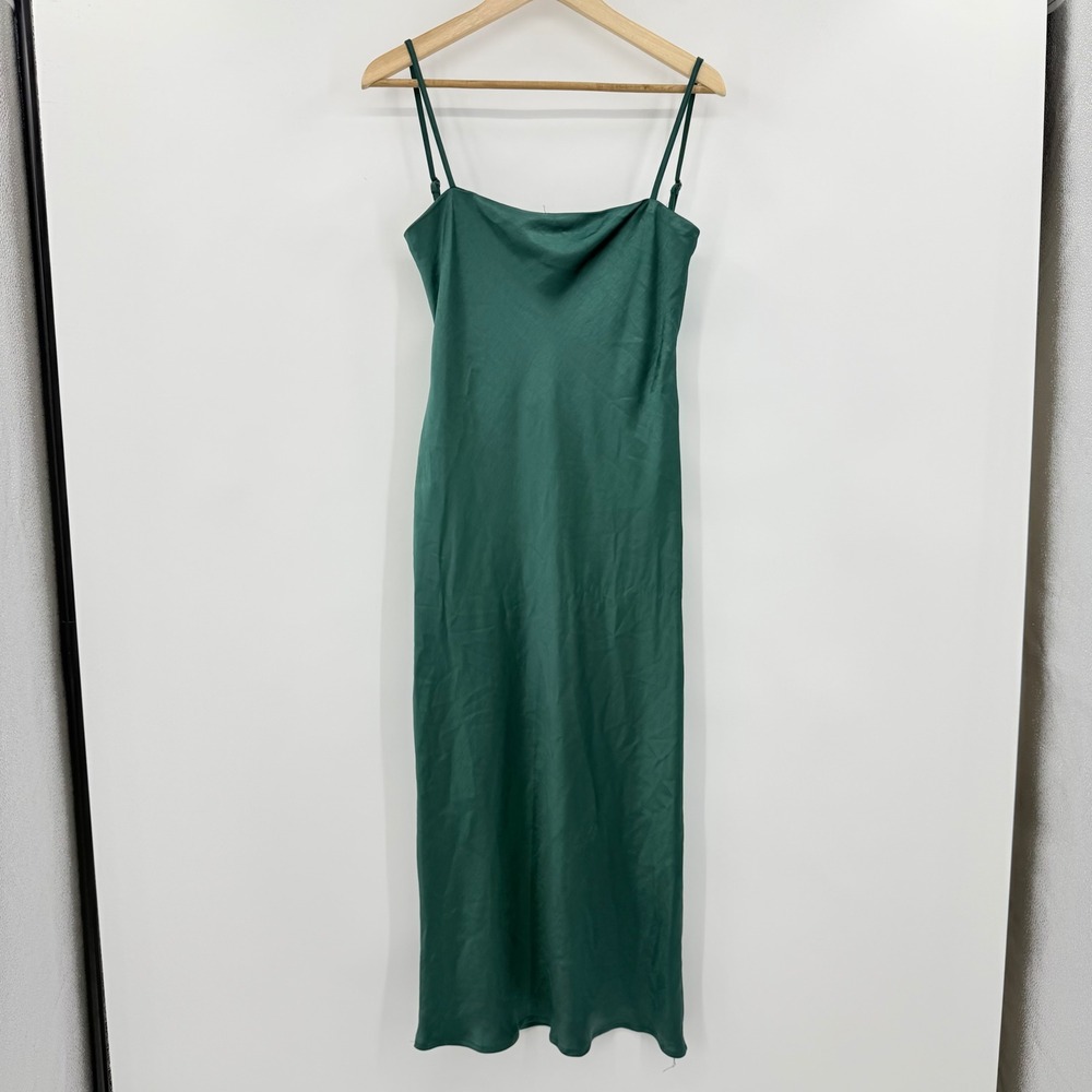 Hello Molly Emerald Green Satin Cowl Neck Lace Up Back Midi Dress US 2 XS